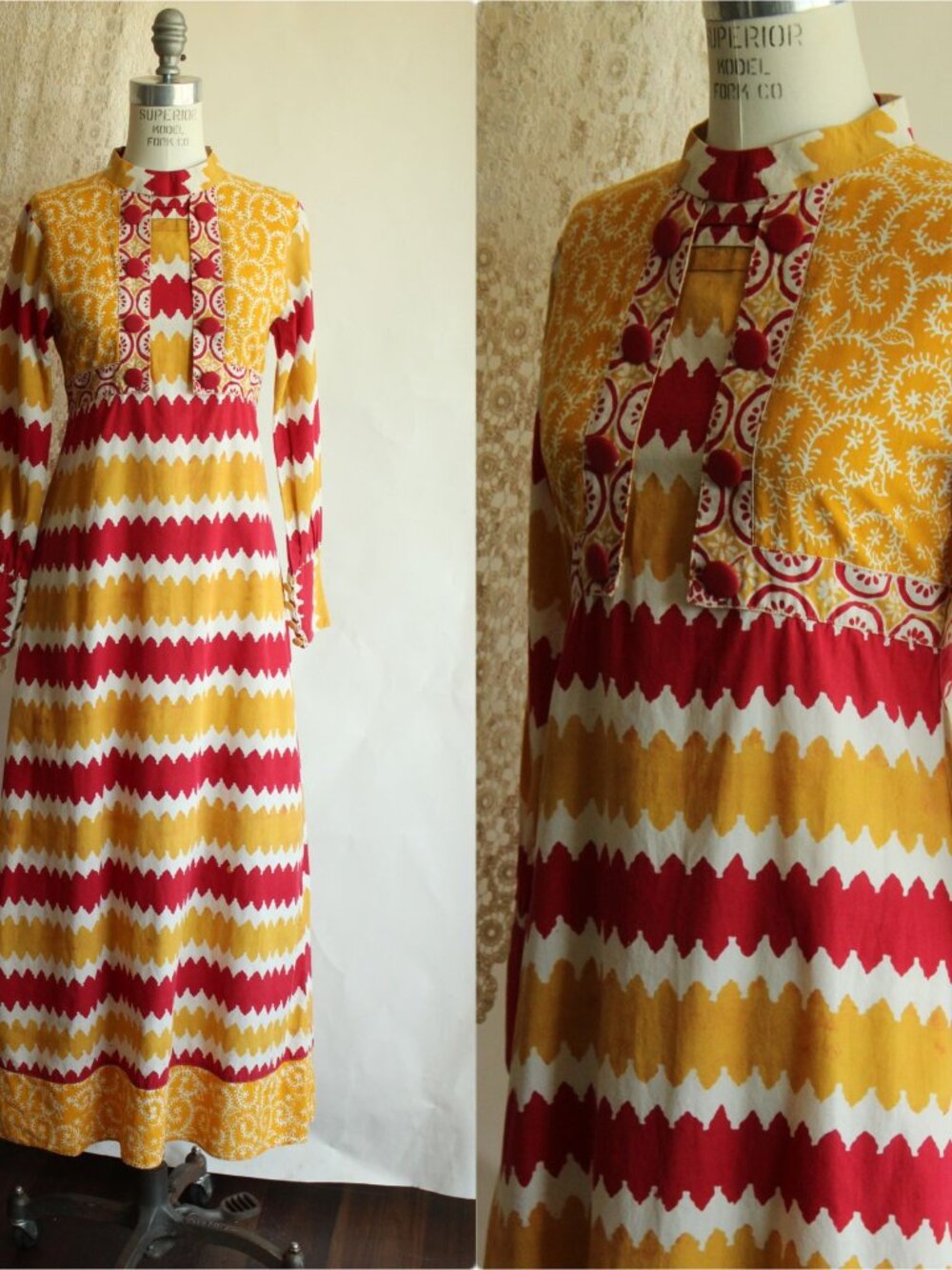 Vintage 1990s Y2K Maxi Dress, Red and Yellow Cotton 1960s Inspired Boho Full Len - Picture 2 of 14